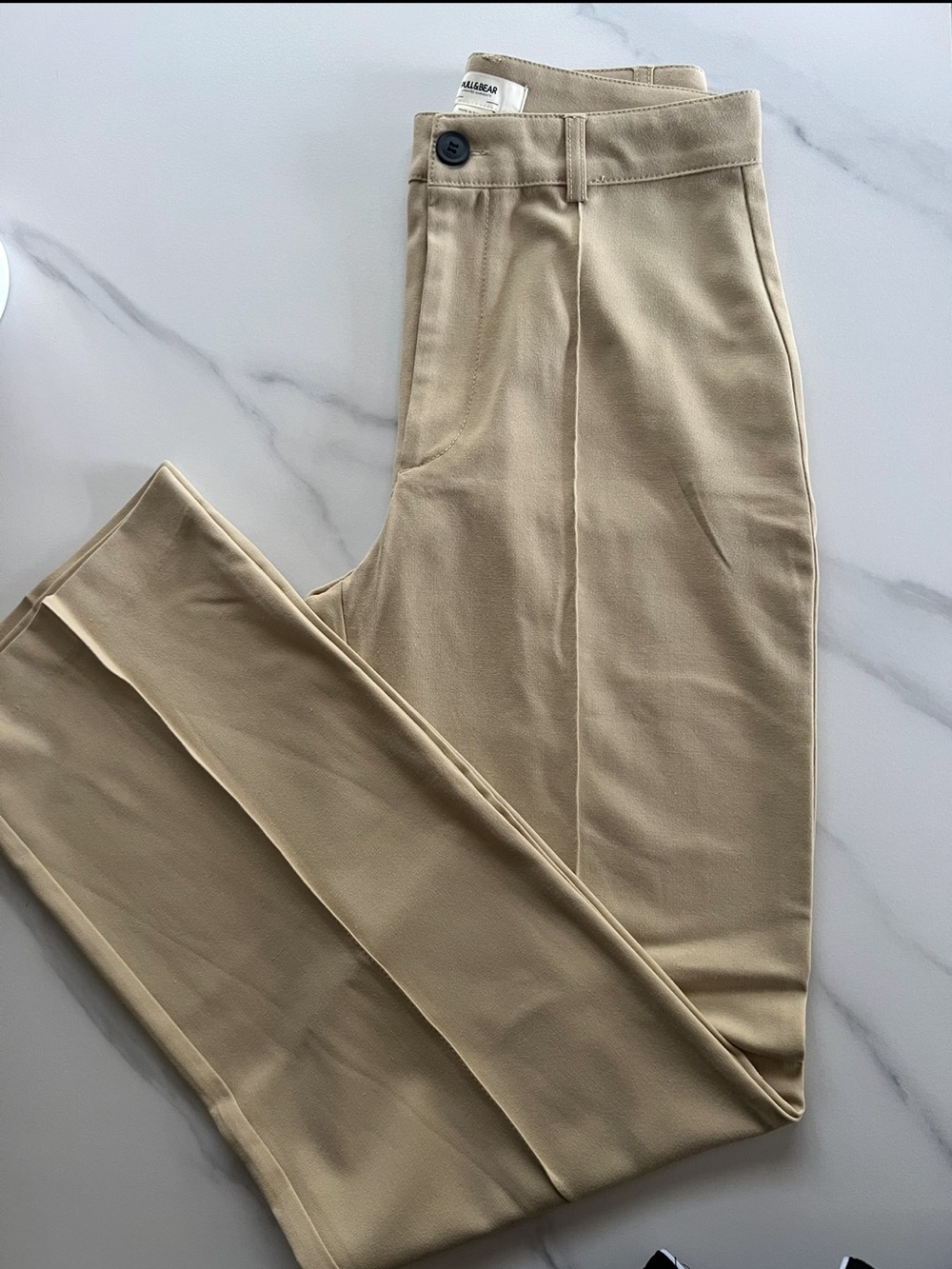 Pull&Bear high waist tailored straight leg trousers with front seam in camel